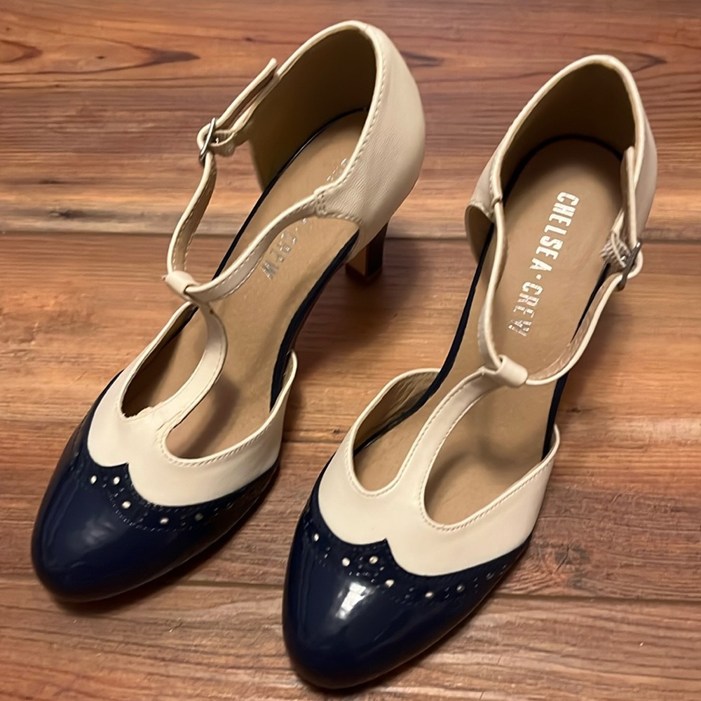 Chelsea Crew Vintage Style Blue/White Gatsby Heels